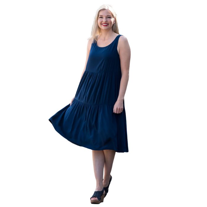 female model wearing indigo blue juni dress front veiw on white background