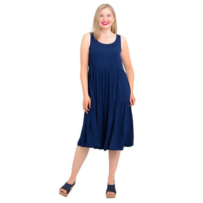 female model wearing indigo blue juni dress front veiw on white background