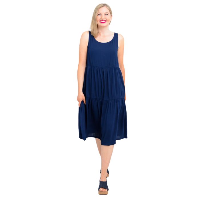 female model wearing indigo blue juni dress front veiw on white background