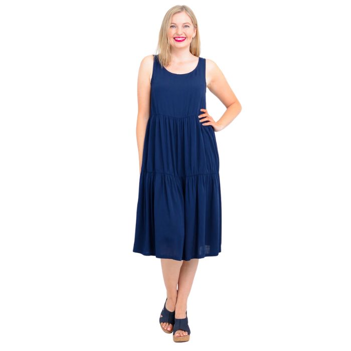 female model wearing indigo blue juni dress front veiw on white background