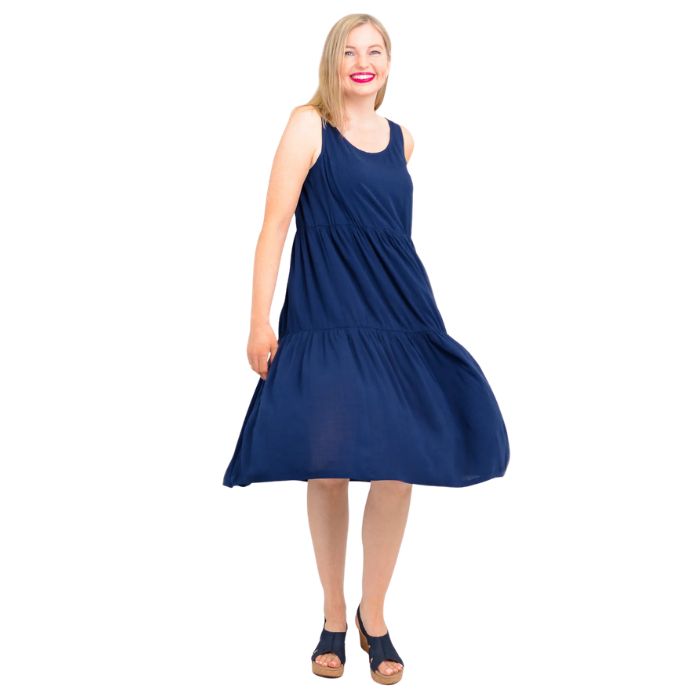 female model wearing indigo blue juni dress front veiw on white background