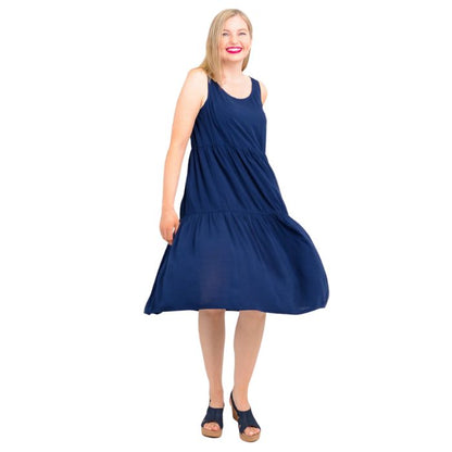 female model wearing indigo blue juni dress front veiw on white background