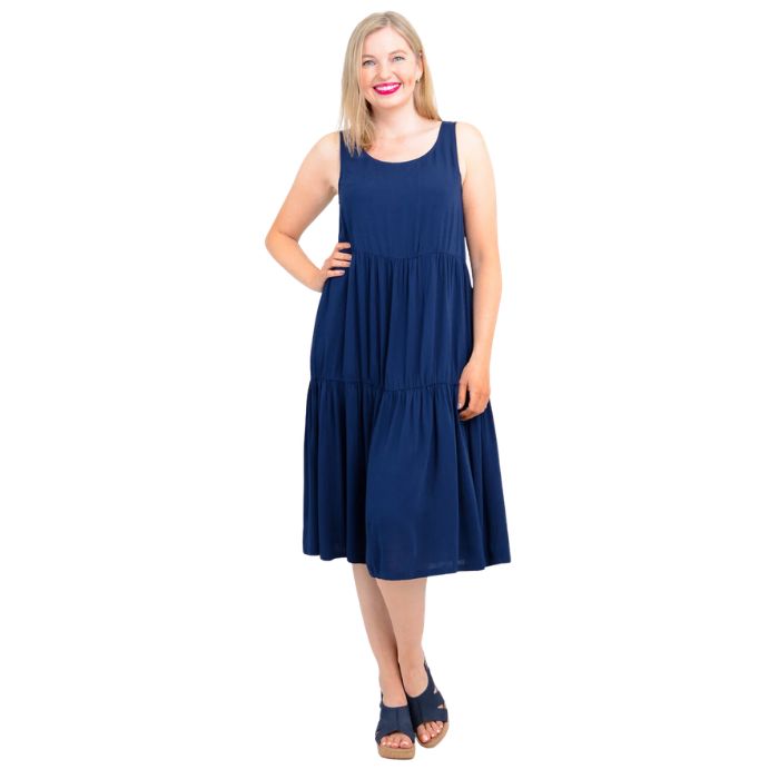 female model wearing indigo blue juni dress front veiw on white background