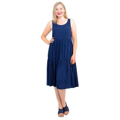 female model wearing indigo blue juni dress front veiw on white background