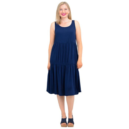 female model wearing indigo blue juni dress front veiw on white background
