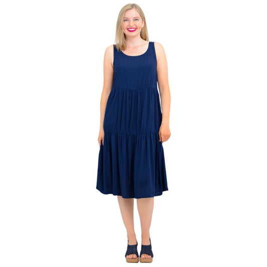 female model wearing indigo blue juni dress front veiw on white background