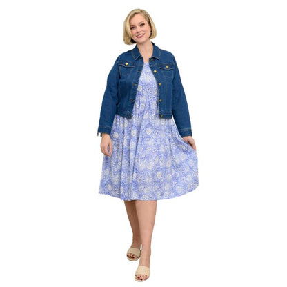 female model wearing peri teatime print  juni dress and denim blue vilmar jacket front veiw on white background