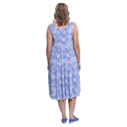 female model wearing peri teatime print  juni dress back veiw on white background