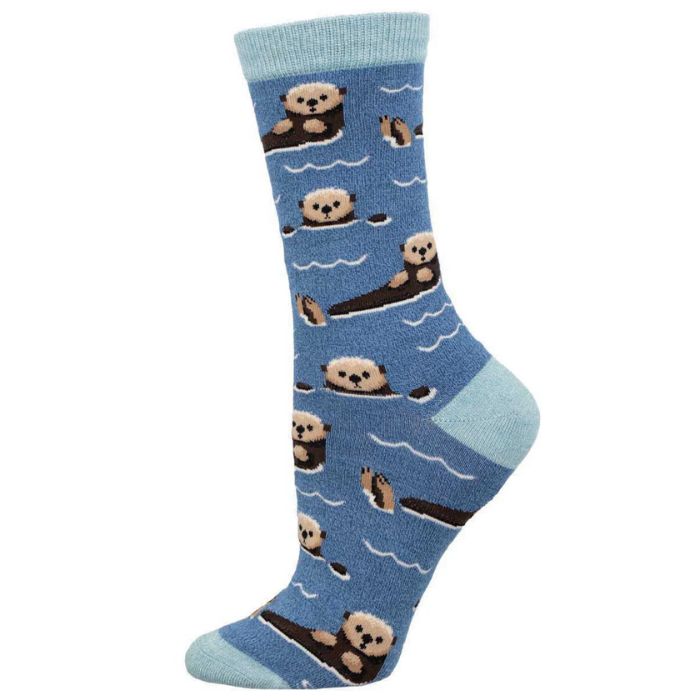 just an otter day sock, blue crew sock with cute swimming otters print on white background