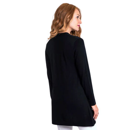top of female model wearing justine black draped cardigan sweater back view on white background