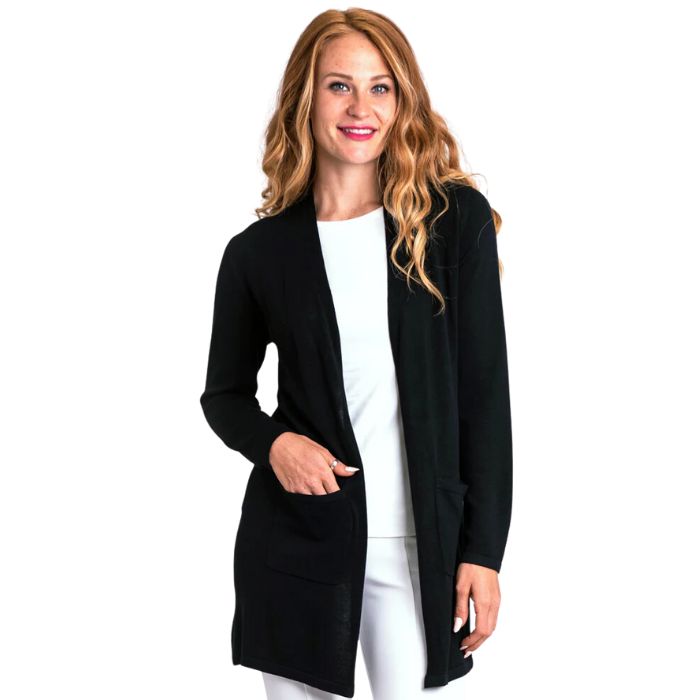 top of female model wearing justine black draped cardigan sweater front view on white background