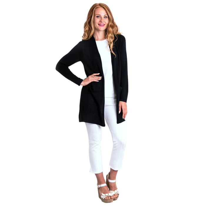 female model wearing black justine draped cardigan sweater, white reanna tank top and white nadine croppped pants front view on white background