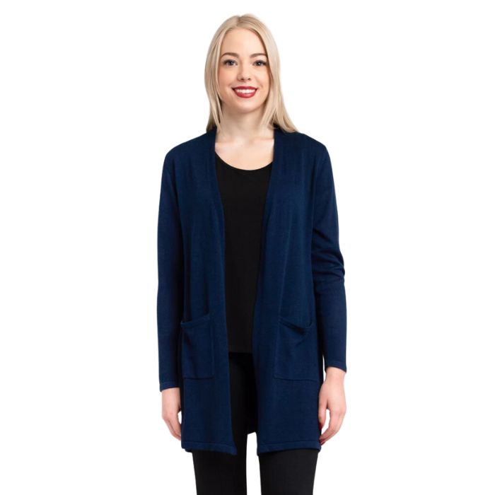 top of female model wearing justine indigo blue draped cardigan sweater front view on white background