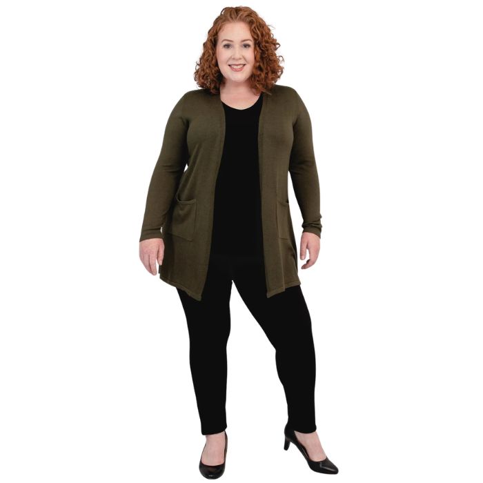 female model wearing khaki green justine draped cardigan sweater, black reannna tank top and black nadia pants front view on white background