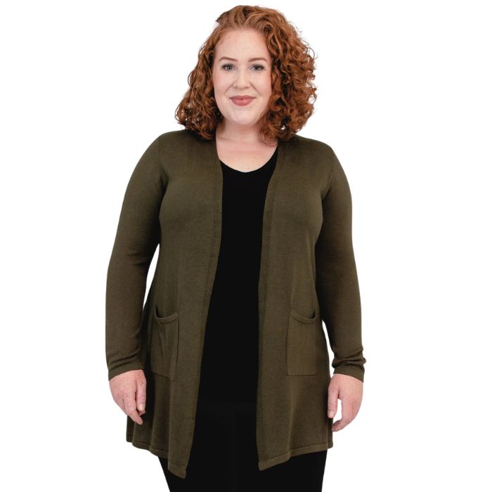 female model wearing khaki green justine draped cardigan sweater front view on white background