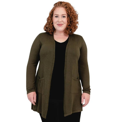 female model wearing khaki green justine draped cardigan sweater front view on white background