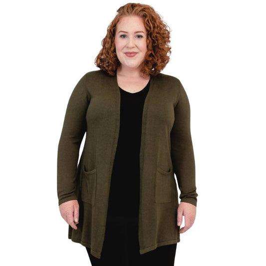 female model wearing khaki green justine draped cardigan sweater front view on white background
