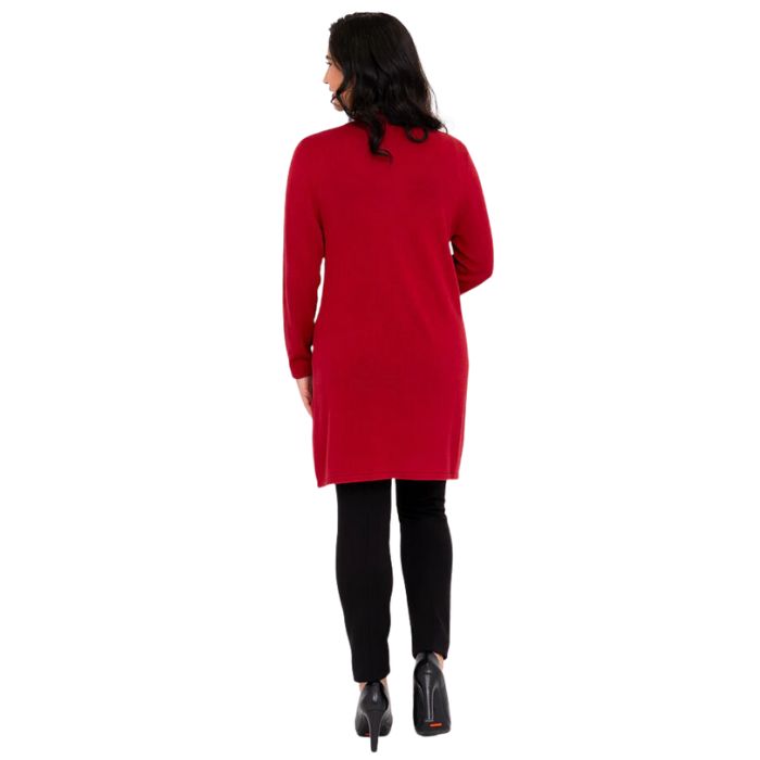 female model wearing justine lipstick red draped cardigan sweater, reanna black tank top and nadia black pants back view on white background