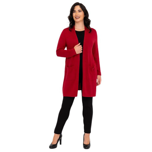 female model wearing justine lipstick red draped cardigan sweater, reanna black tank top and nadia black pants front view on white background