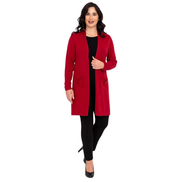female model wearing lipstick red justine draped cardigan sweater, black reanna tank top and black nadia pants front view on white background