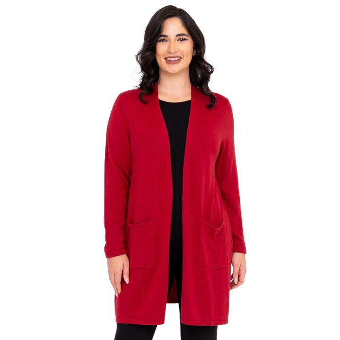 top of female model wearing justine lipstick red draped cardigan sweater back view on white background