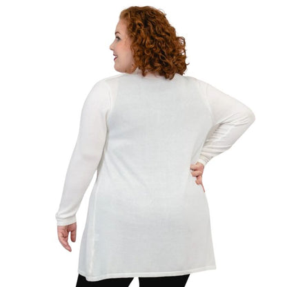top of female model wearing justine white  draped cardigan sweater back view on white background