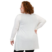 top of female model wearing justine white  draped cardigan sweater back view on white background