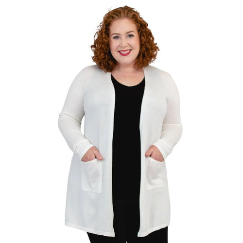 top of female model wearing justine white  draped cardigan sweater front view on white background