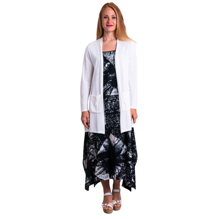 female model wearing justine white draped cardigan sweater over long dress front view on white background