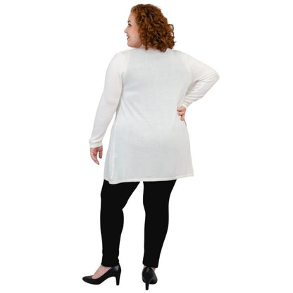 female model wearing justine white draped cardigan sweater over reanna white tank top and nadia black pants  back view on white background