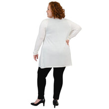 female model wearing justine white draped cardigan sweater over reanna white tank top and nadia black pants  back view on white background