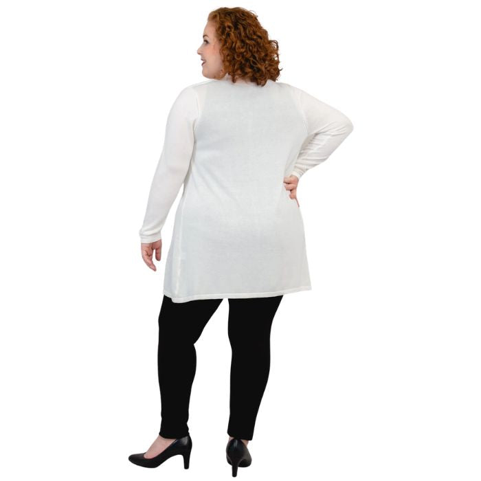 female model wearing white justine draped cardigan sweater over black reanna tank top and black nadia pants  back view on white background