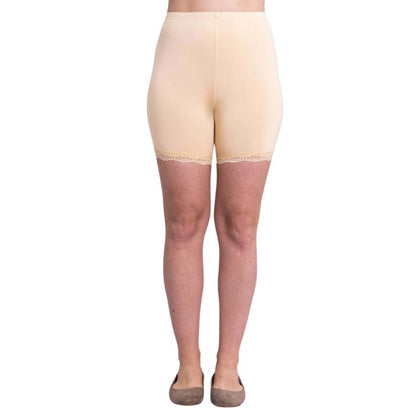 female model wearing beige brown kitty undershorts front view on white background