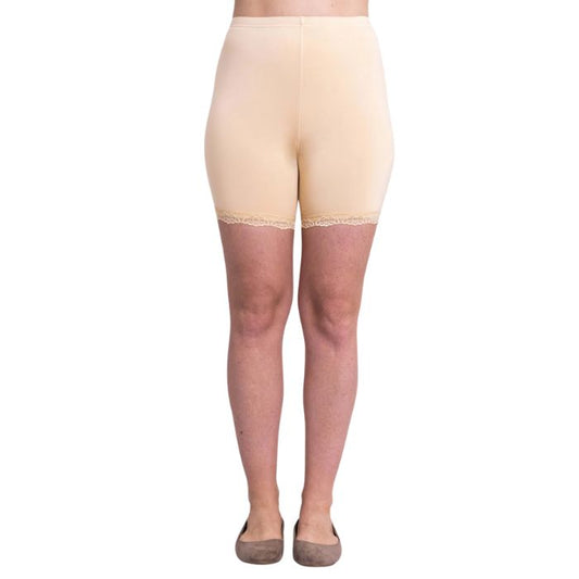 female model wearing beige brown kitty undershorts front view on white background