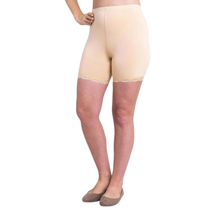 female model wearing beige brown kitty undershorts side view on white background
