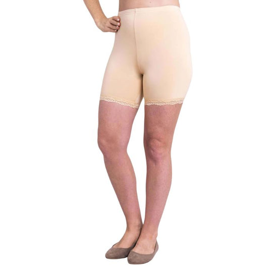 female model wearing beige brown kitty undershorts side view on white background