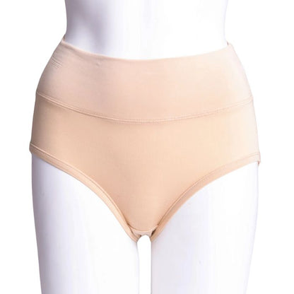 body of white female mannequin wearing beige brown la gaunche underwear front view on white background