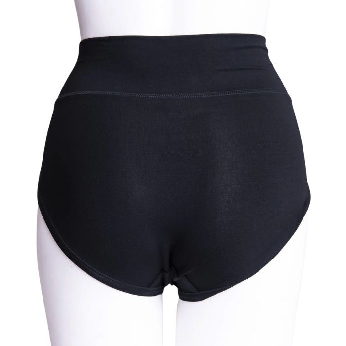 body of white female mannequin wearing black la gaunche underwear back view on white background