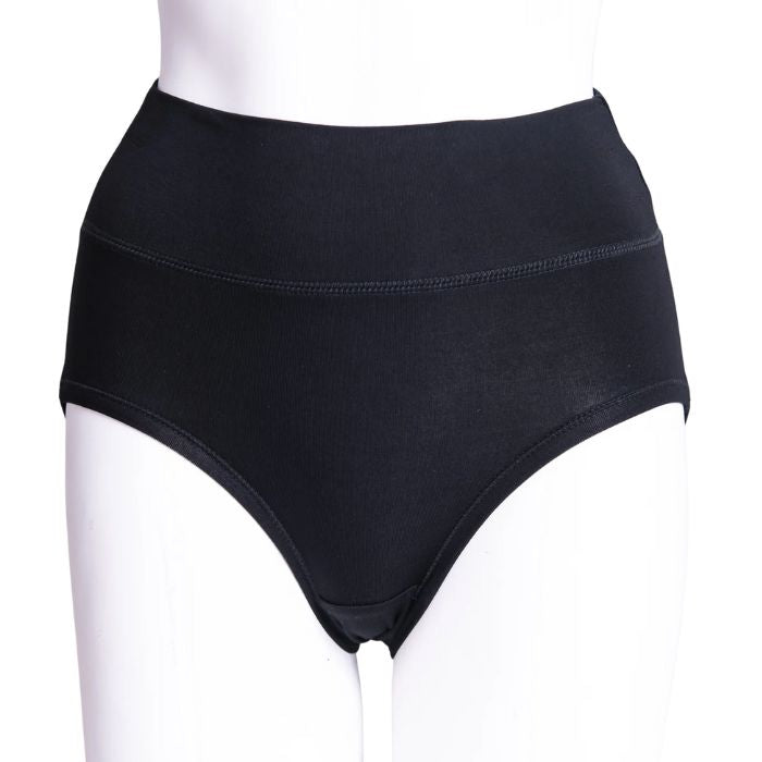 body of white female mannequin wearing black la gaunche underwear front view on white background