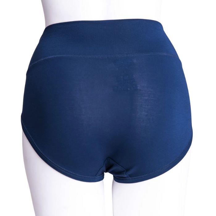body of white female mannequin wearing indigo blue la gaunche underwear back view on white background