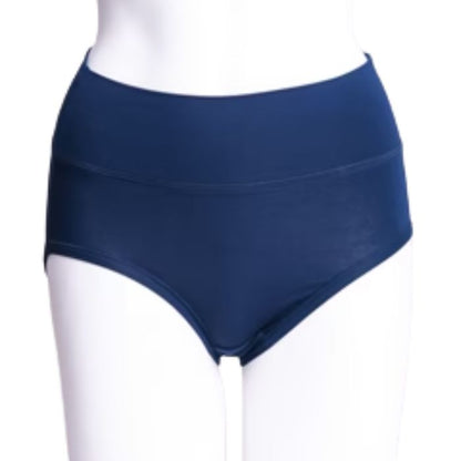 body of white female mannequin wearing indigo blue la gaunche underwear front view on white background