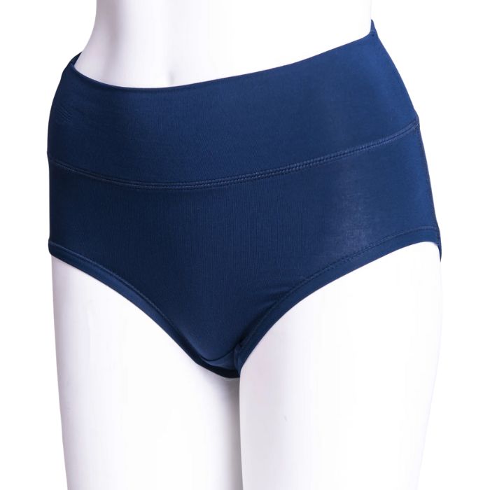 body of white female mannequin wearing indigo blue la gaunche underwear front view on white background