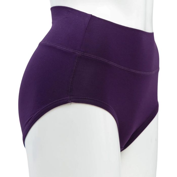 body of white female mannequin wearing royal purple la gaunche underwear side view on white background