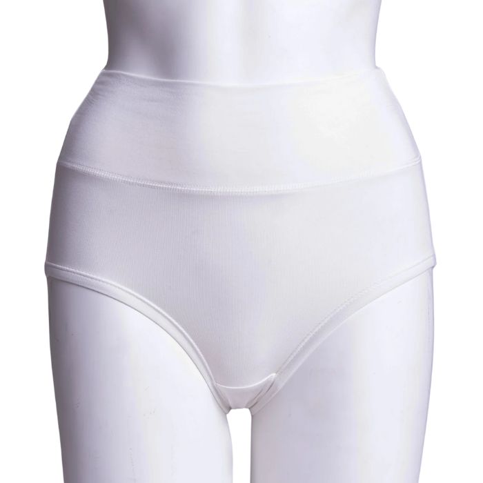 body of white female mannequin wearing white la gaunche underwear front view on white background