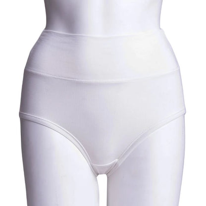 body of white female mannequin wearing white la gaunche underwear front view on white background