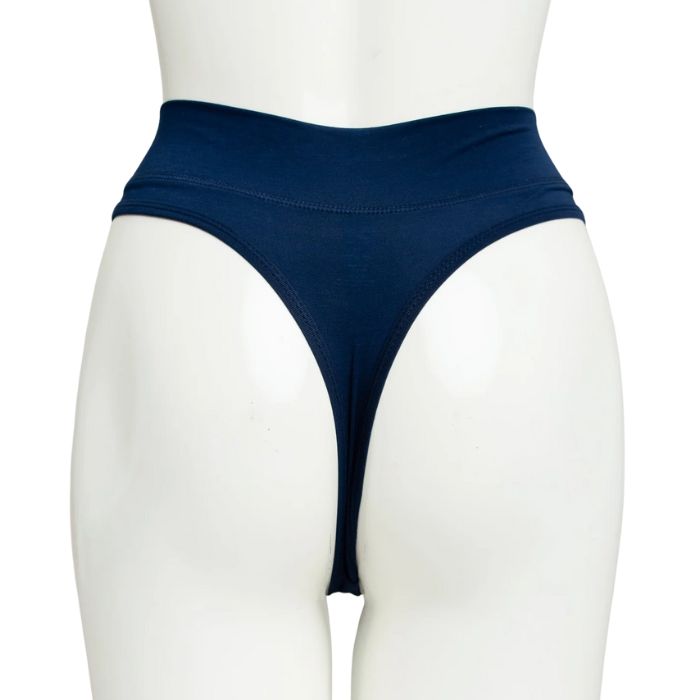 body of white female mannequin wearing indigo blue la thong underwear back view on white background