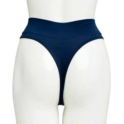 body of white female mannequin wearing indigo blue la thong underwear back view on white background