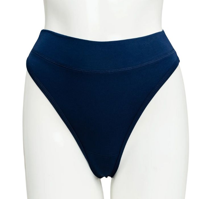 body of white female mannequin wearing indigo blue la thong underwear front view on white background