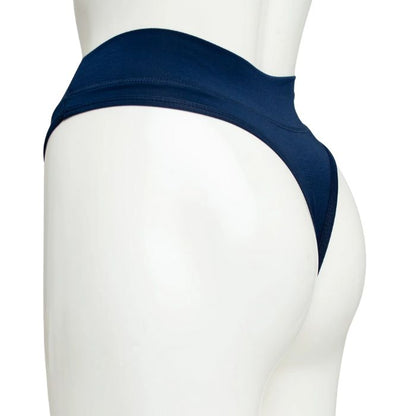 body of white female mannequin wearing indigo blue la thong underwear side view on white background