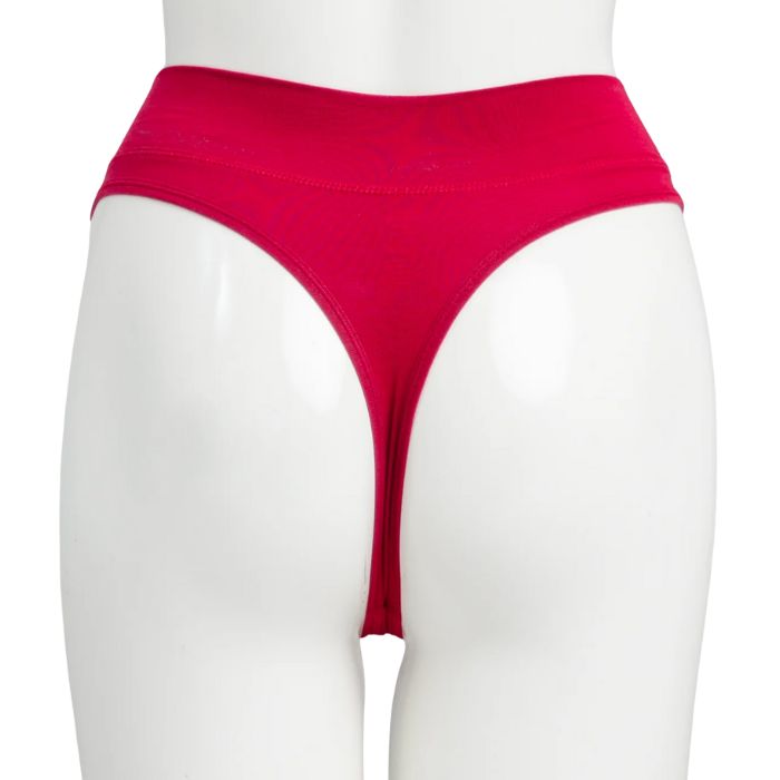 body of white female mannequin wearing lipstick red la thong underwear back view on white background